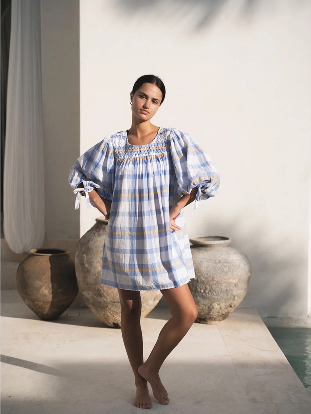 Daughters of India Plaid Cotton Freya Dress Blue Large Boho Cottagecore Chic